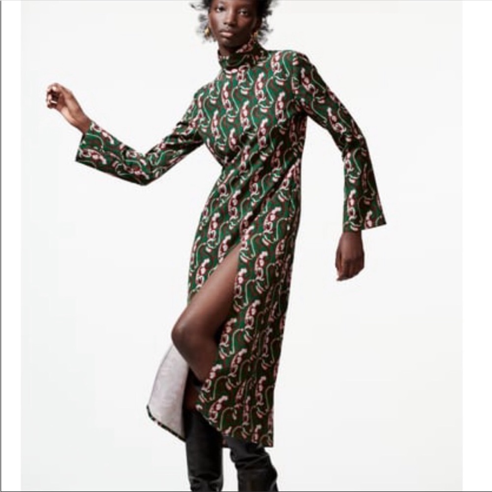 ZARA Green Multicolor Paisley Abstract Print Sexy Slit Midi Dress Bloggers Fave